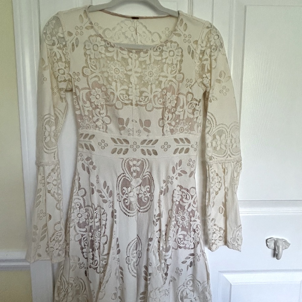 Free People Lover's Folk Song Lace Open Back Bell Sleeve Boho Ivory Cream Dress